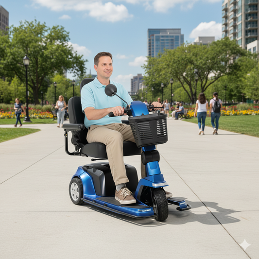 Man using a mobility scooter in a park with trees and buildings in the background