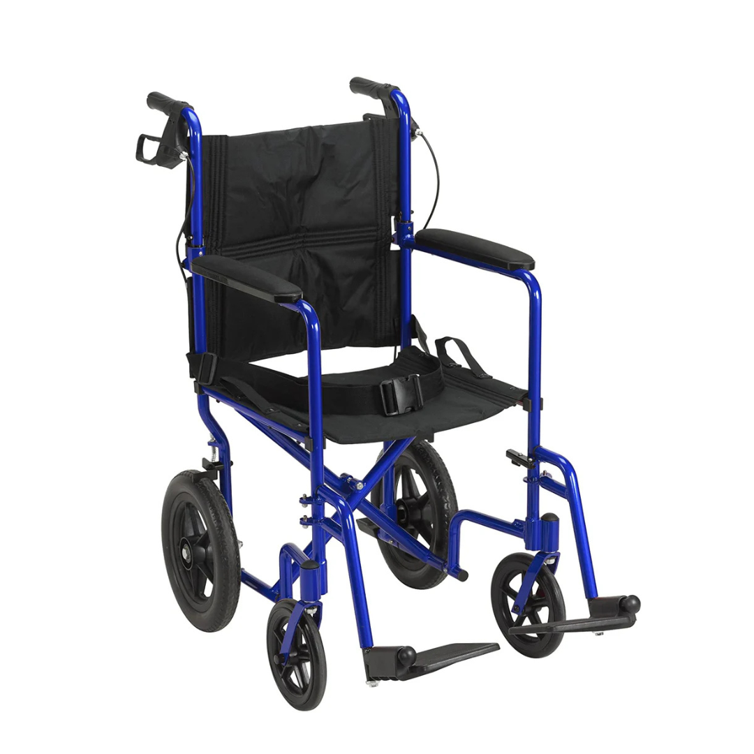 19" Transport Companion Chair with Fold Down Back and Hub Brakes - Blue