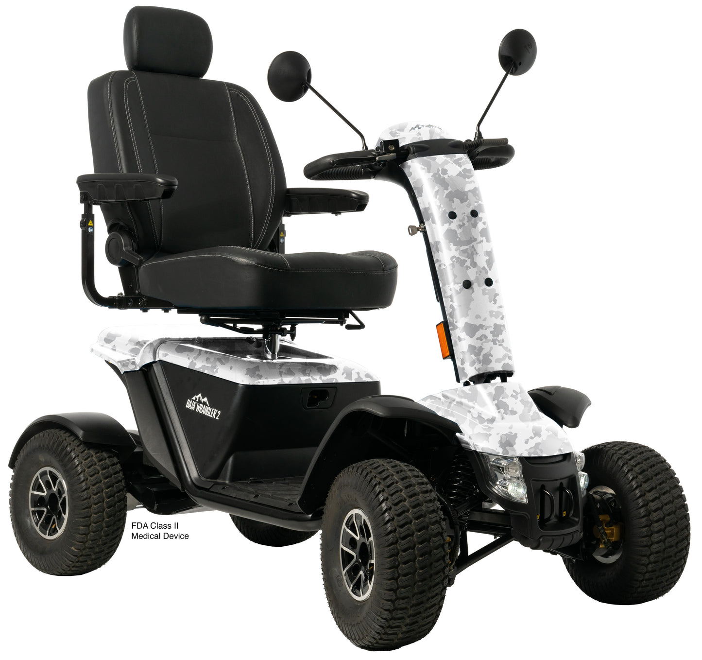 Black mobility scooter with camouflage pattern on a white background