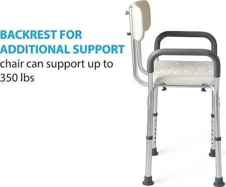 Premium Shower Bench/Chair with Removable Padded Arms - With Back - White