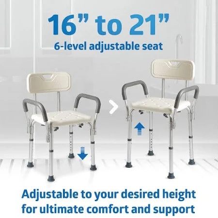 Premium Shower Bench/Chair with Removable Padded Arms - With Back - White