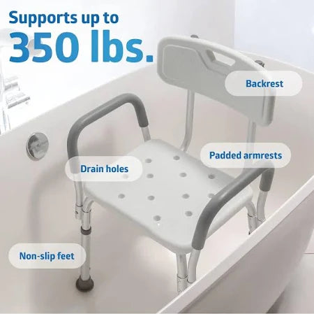 Premium Shower Bench/Chair with Removable Padded Arms - With Back - White