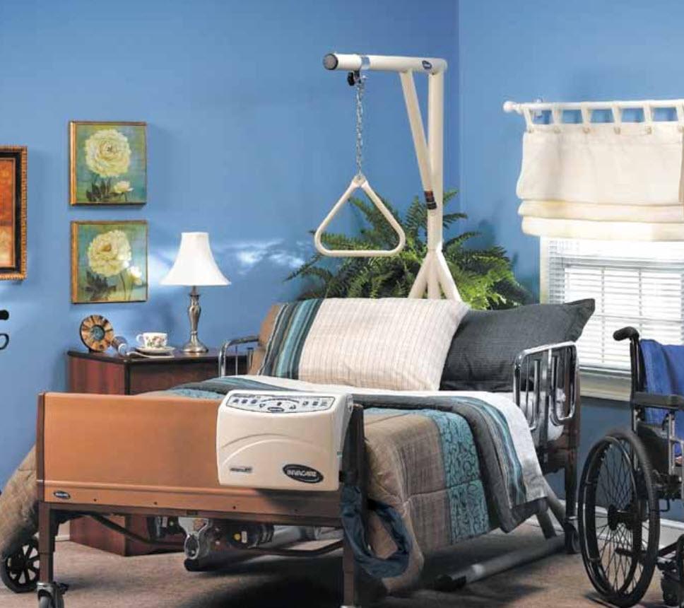 Hospital bed with trapeze and low air loss mattress