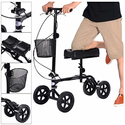 Knee scooter with a man with his right knee supported on the cushion