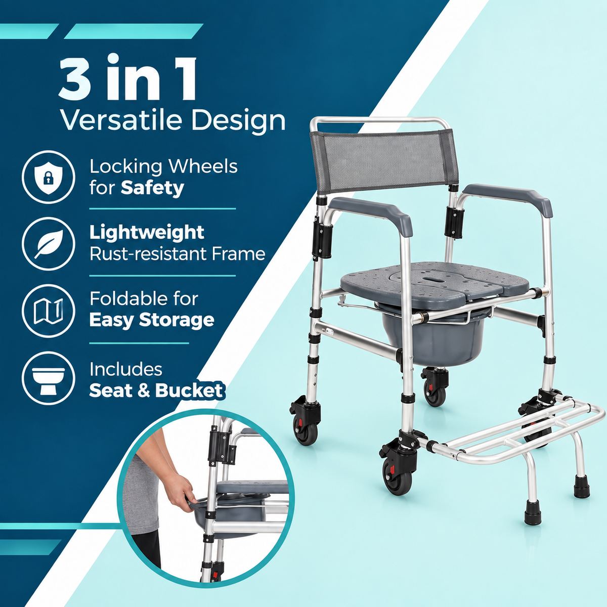 3 in 1 Shower Commode Transport Chair