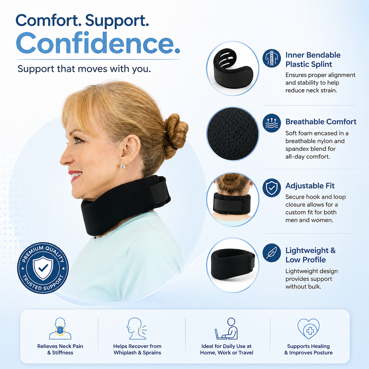 Neck Support Brace with Inner Splint for Whiplash & Neck Sprains