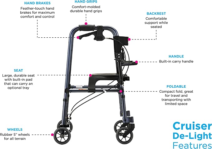 Nova Cruiser De-Light Folding Rollator, 250lb