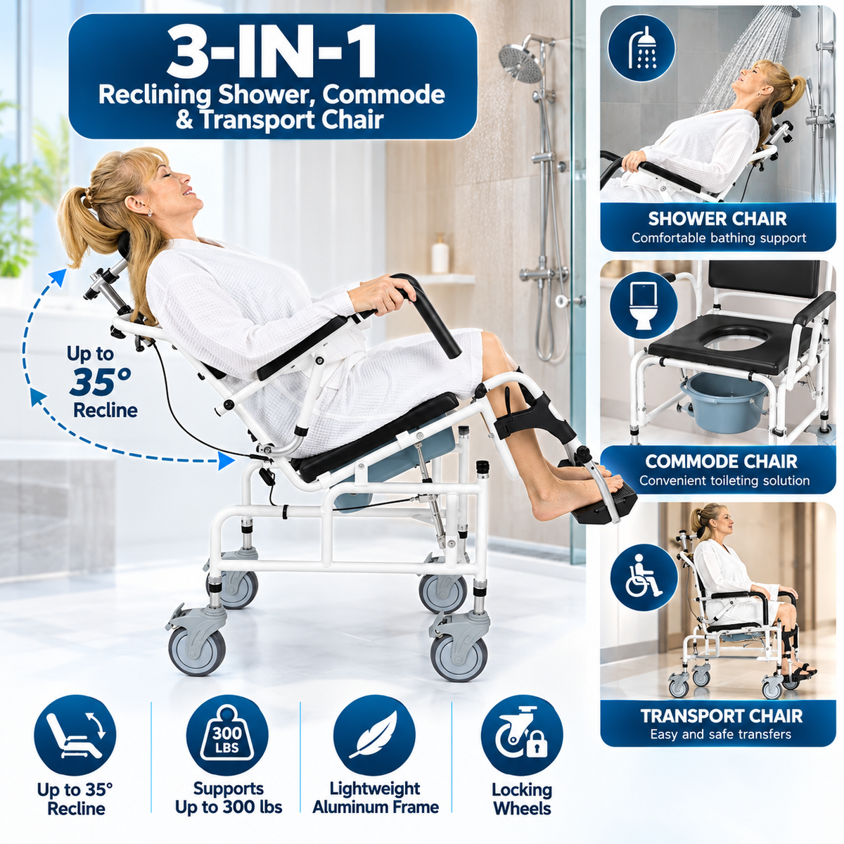 Reclining Shower Commode Transport Chair