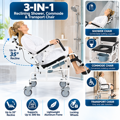 Reclining Shower Commode Transport Chair