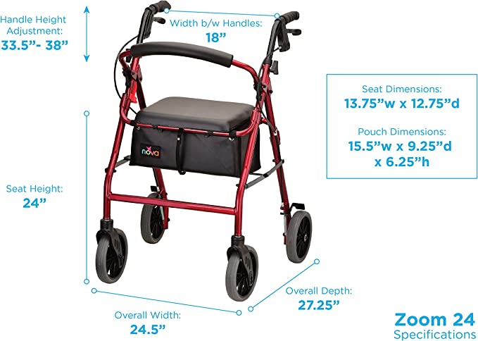 Nova Zoom 24in Rollator, 8in, Tall, 300lb