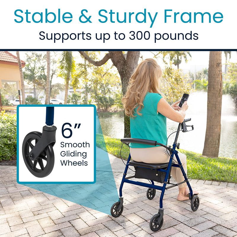 Aluminum rollator walker with seat, side view
