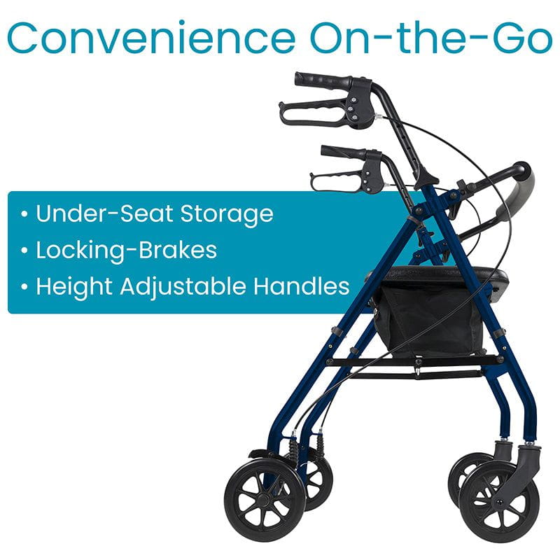 Padded rollator seat with storage compartment
