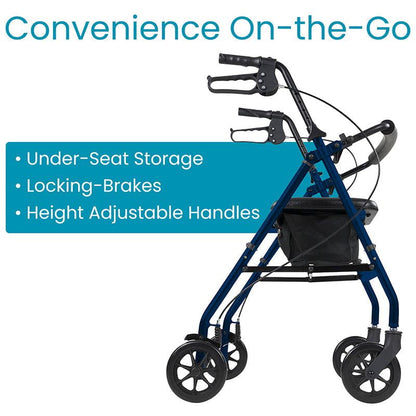 Padded rollator seat with storage compartment
