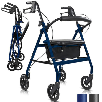 Blue lightweight rollator walker with seat