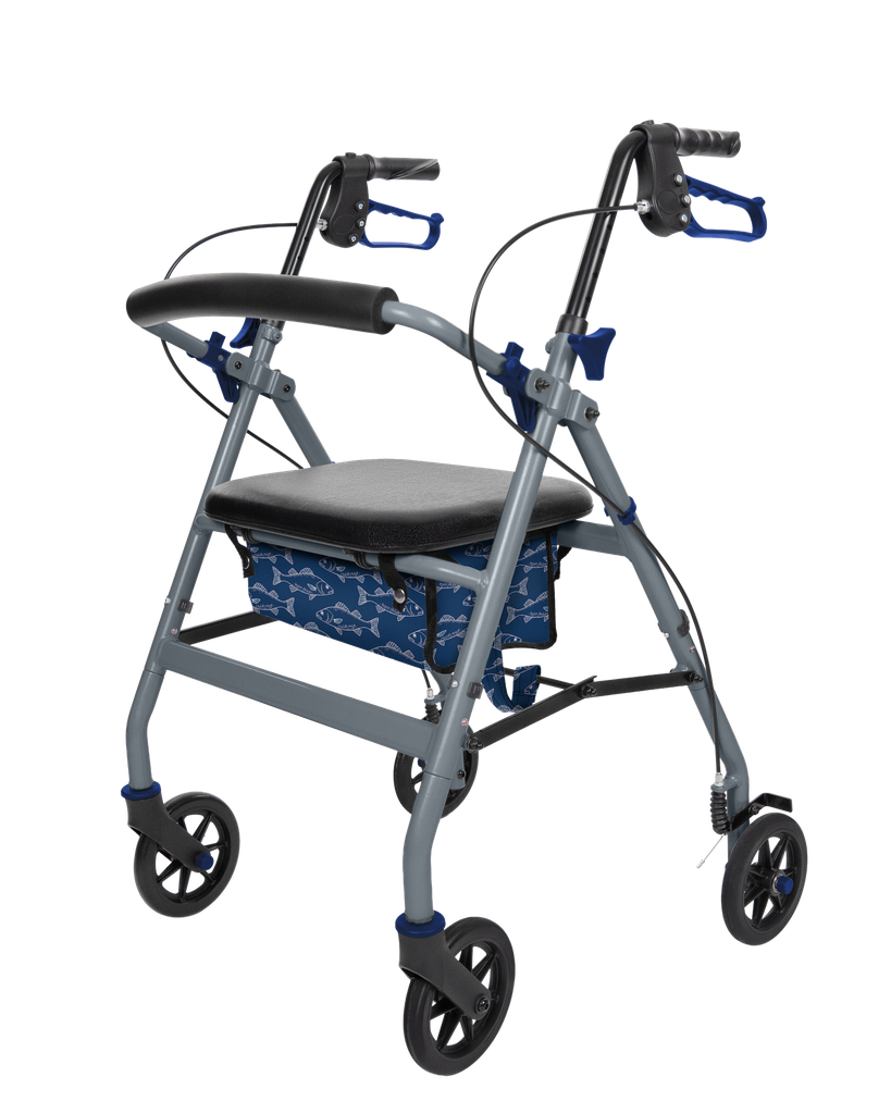Grey lightweight rollator walker with padded seat and backrest