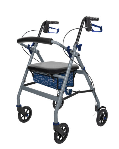 Grey lightweight rollator walker with padded seat and backrest