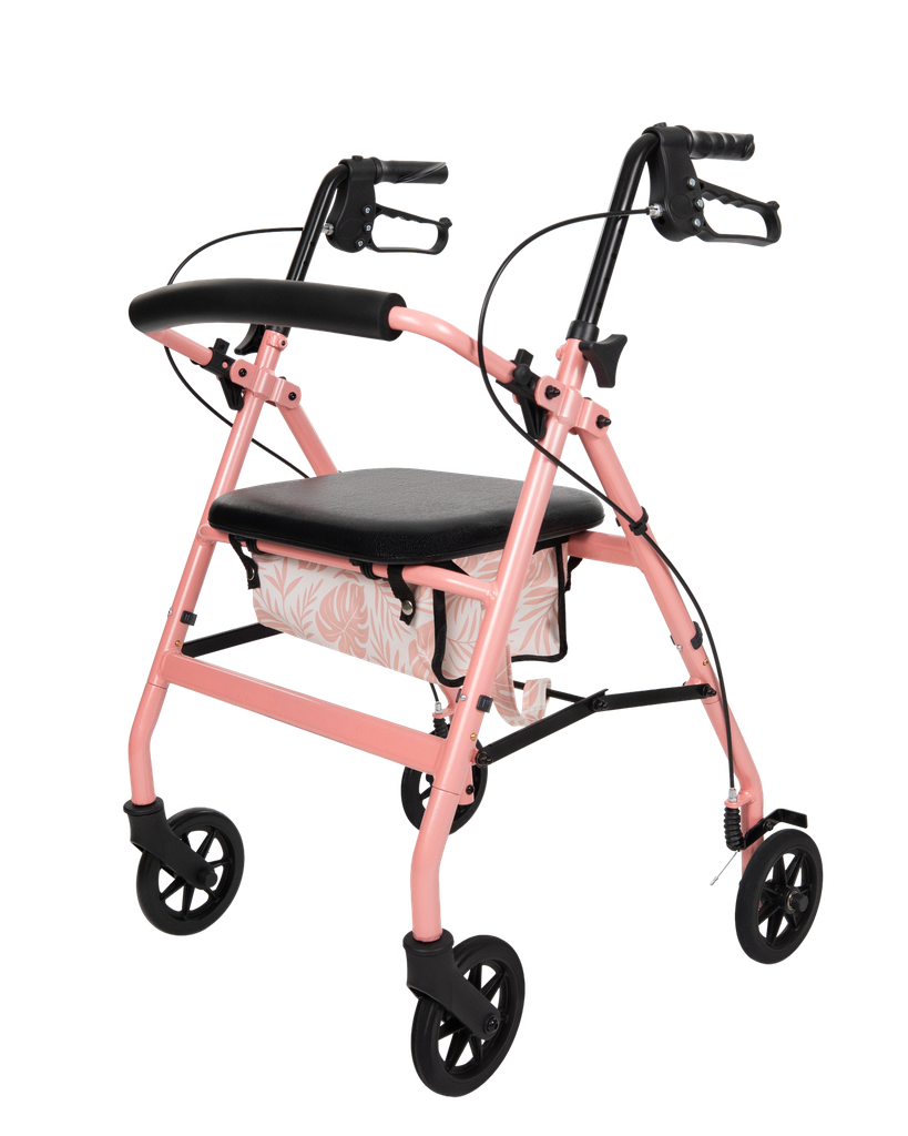 Pink lightweight rollator walker with seat