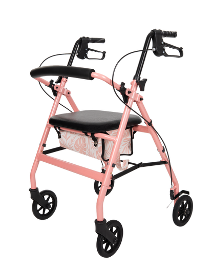 Pink lightweight rollator walker with seat