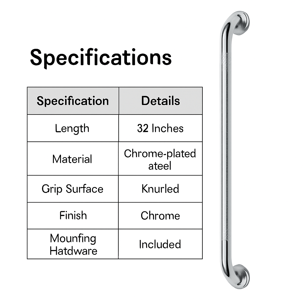 Chrome Plated Steel Grab Bar with Knurled Grip - Size 32"