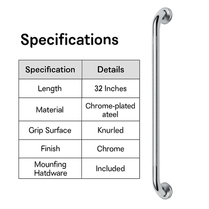 Chrome Plated Steel Grab Bar with Knurled Grip - Size 32"