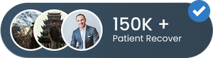 Promotional graphic with a man in a suit, text '150K + Patient Recover', and three circular images of landmarks.