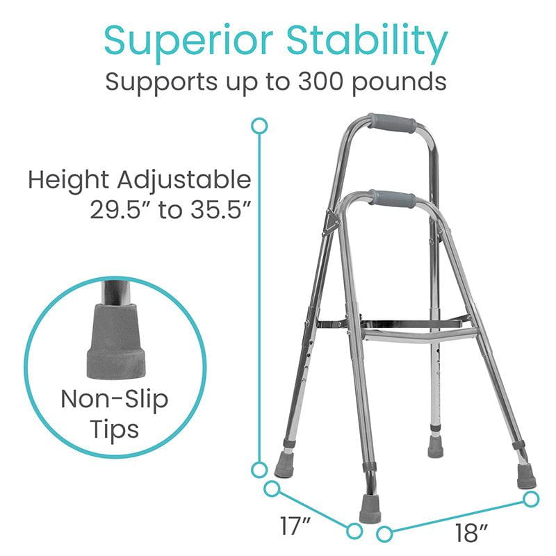 Hemi walker with wide base for more support than a quad cane