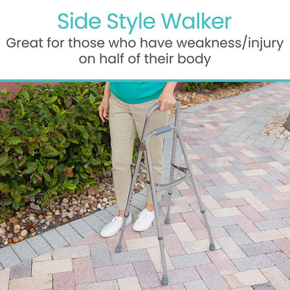 Person walking outdoors using a side-style hemi walker in one hand