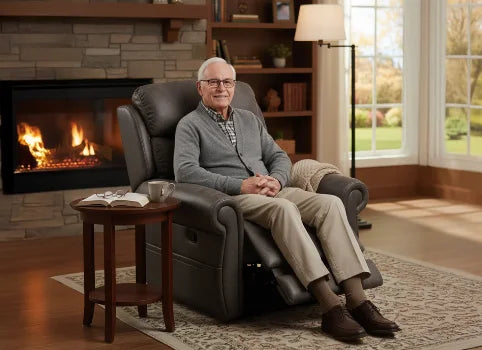 Man sitting in a recliner chair in a cozy living room with a fireplace.