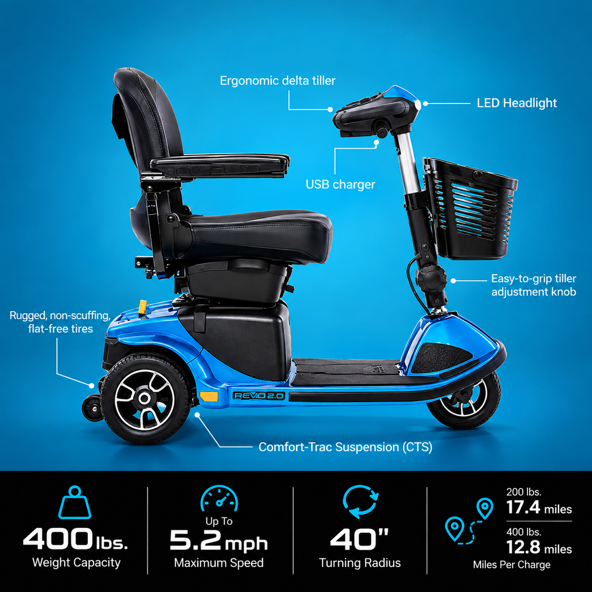 Revo 2.0 3-Wheel Heavy-Duty Mobility Scooter