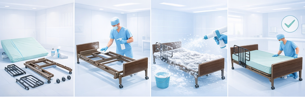 Step-by-step process of hospital bed cleaning and disinfection with illustrations and text labels.