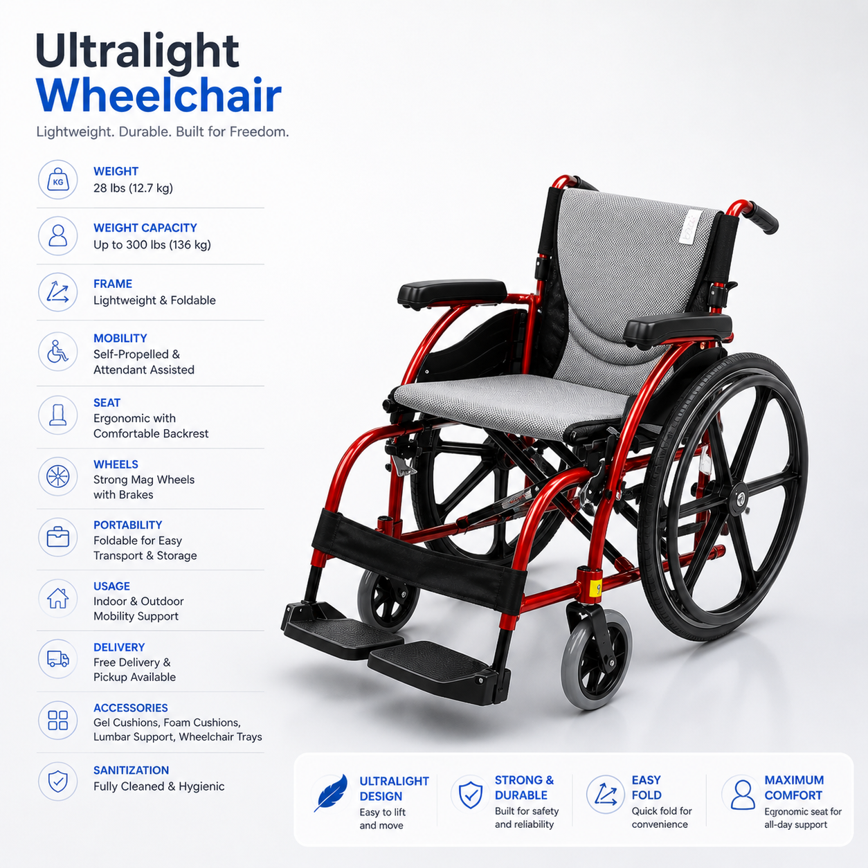 Ultra Light Weight Wheelchair for Rental