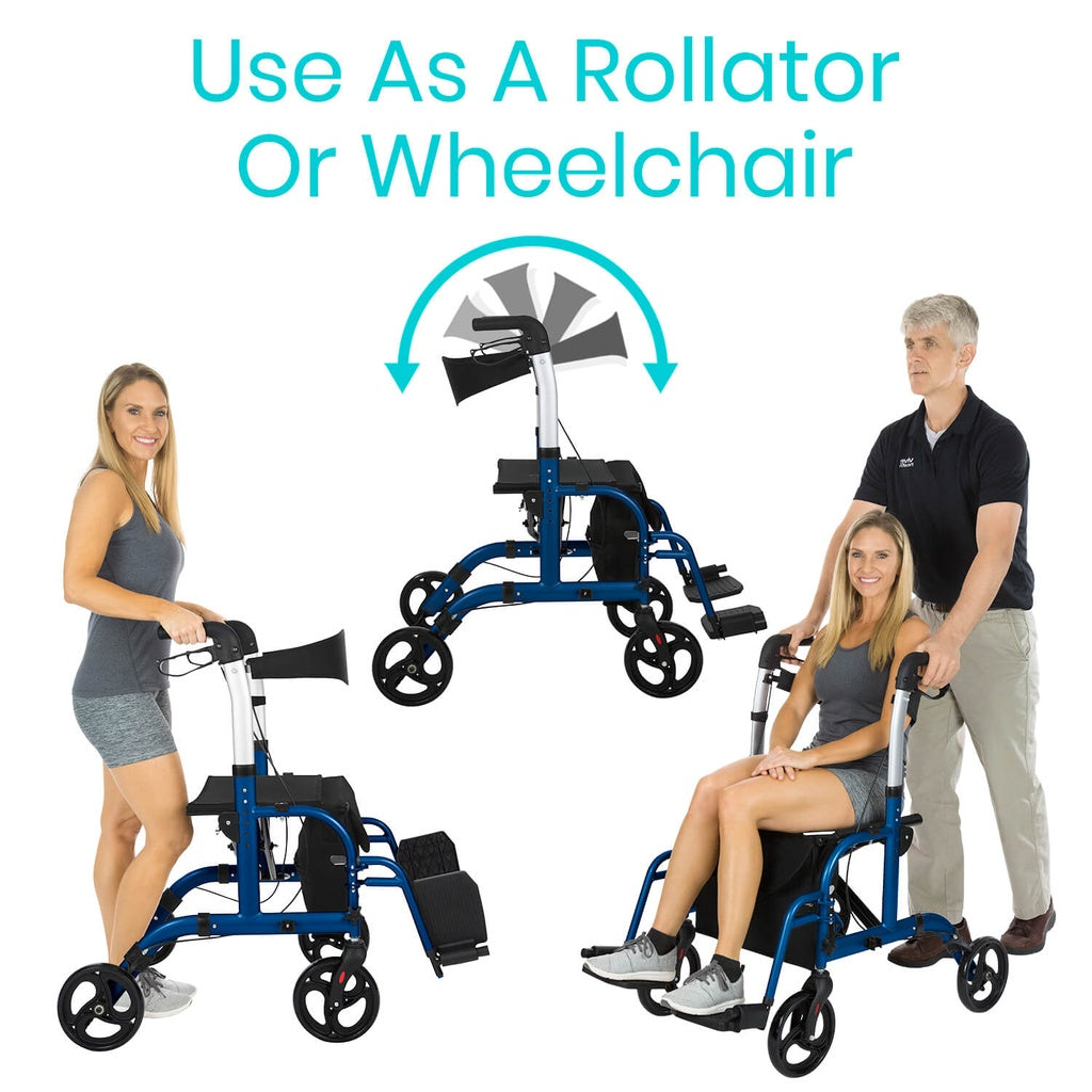 2 in 1 Rollator Walker and Transport Wheelchair Combo