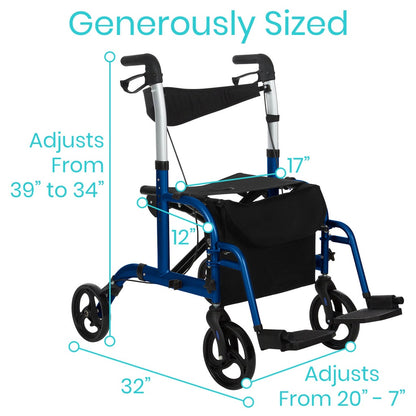 2 in 1 Rollator Walker and Transport Wheelchair Combo