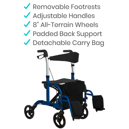2 in 1 Rollator Walker and Transport Wheelchair Combo