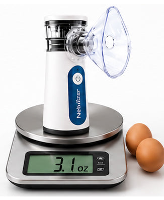 Portable Nebulizer on a kitchen scale showing 3.1 oz next to two eggs