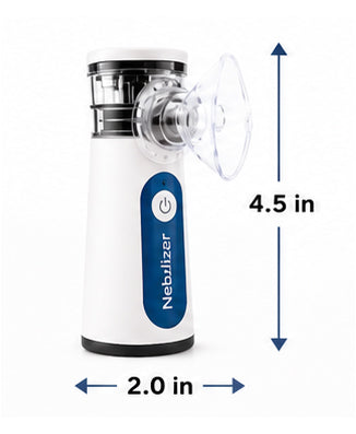 Portable Nebulizer with dimension arrows showing 4.5 inches tall and 2 inches wide