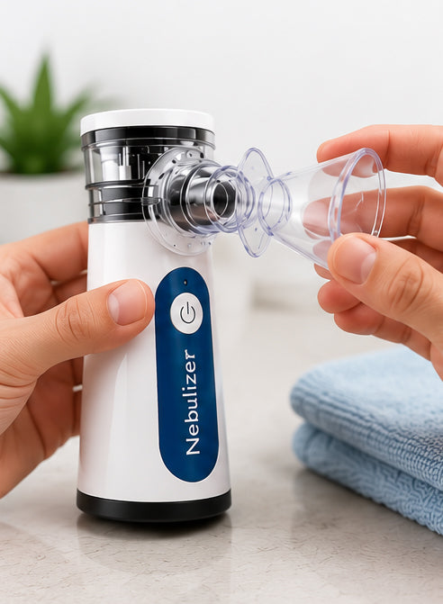Hands removing the medicine cup from the portable Nebulizer