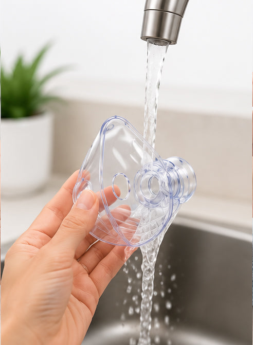 Rinsing the Nebulizer medicine cup under warm running water