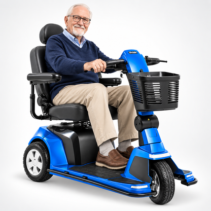 Man riding the Pride Maxima 3-wheel heavy duty mobility scooter