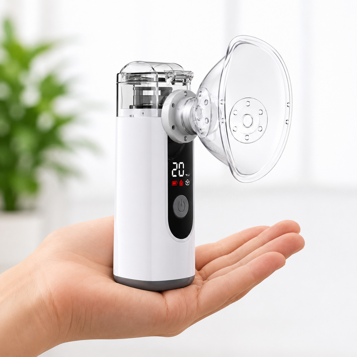 Portable mesh Nebulizer resting in an open palm