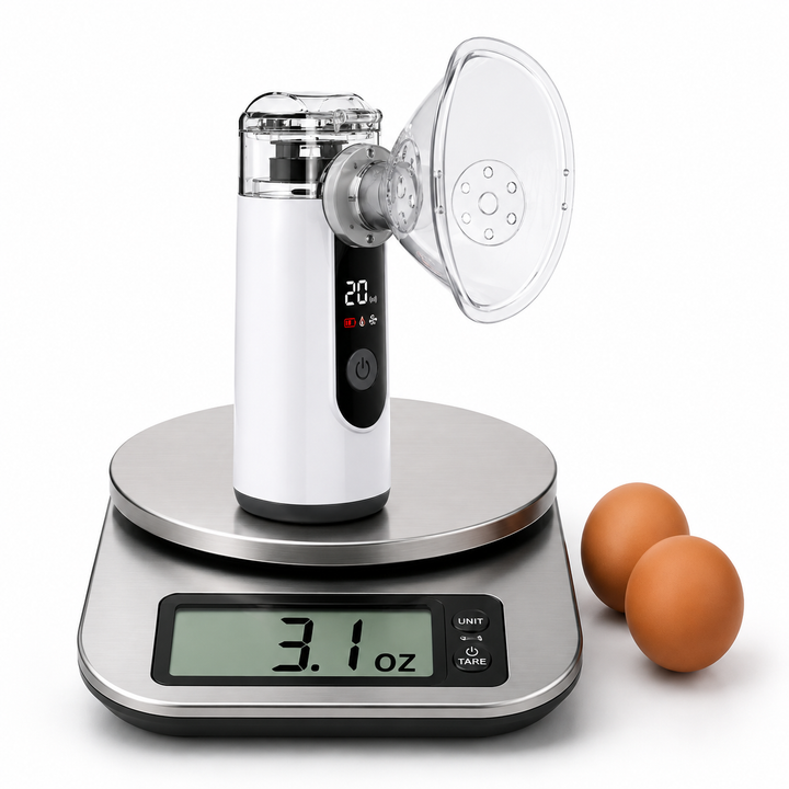 Portable Nebulizer on a kitchen scale showing 3.1 oz next to two eggs