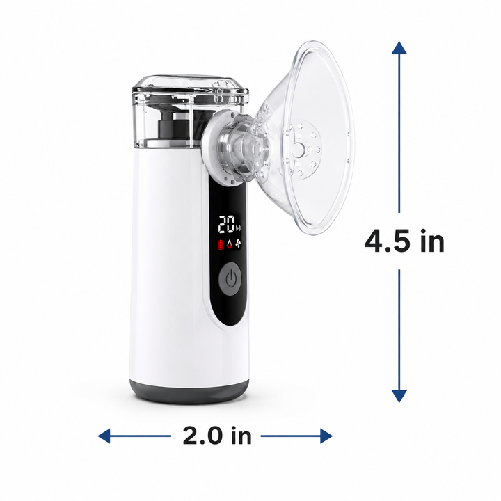 Portable Nebulizer with dimension arrows showing 4.5 inches tall and 2 inches wide