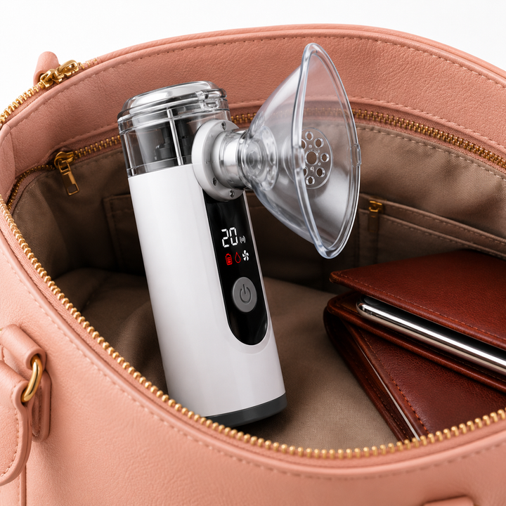Portable Nebulizer tucked inside a handbag beside a wallet