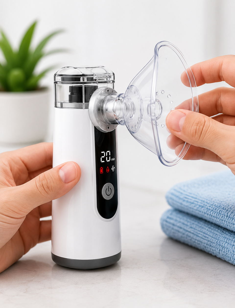 Hands removing the medicine cup from the portable Nebulizer