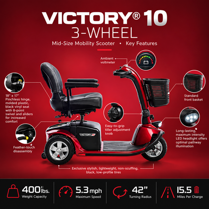 Pride Victory 10 3-Wheel Mobility Scooter, 400 lb Capacity