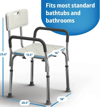 Premium Shower Bench/Chair with Removable Padded Arms - With Back - White