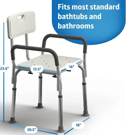 Premium Shower Bench/Chair with Removable Padded Arms - With Back - White