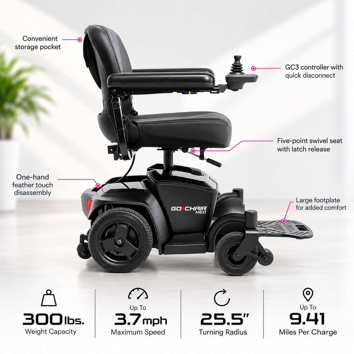 Pride Go Chair MED portable power wheelchair, view 3
