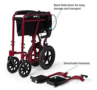 19" Transport Companion Chair with Fold Down Back and Hub Brakes - Red
