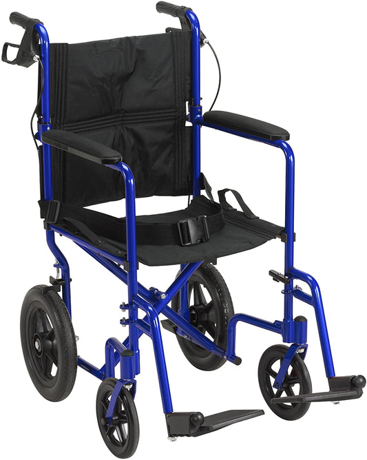 19" Transport Companion Chair with Fold Down Back and Hub Brakes - Blue